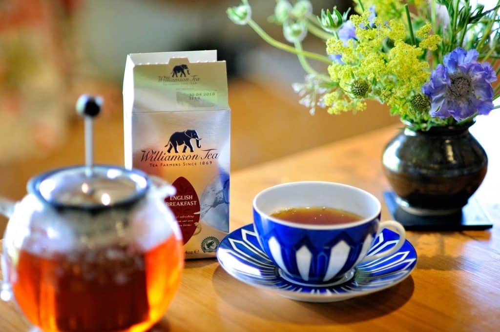 Breakfast tea in cup and saucer